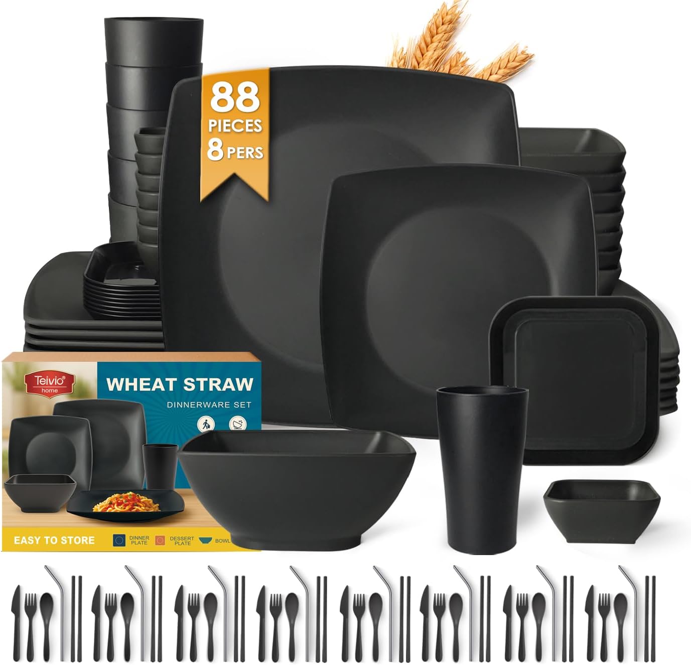 Teivio 88-piece With Flatware Plastic Kitchen Wheat Straw Square Dinnerware Set for 8, Unbreakable Dinner/Salad/Appetizer Plates, Snack Bowls, Dipping Sauce Cups,Tumblers, Dishwasher Safe Dish,Black ﻿