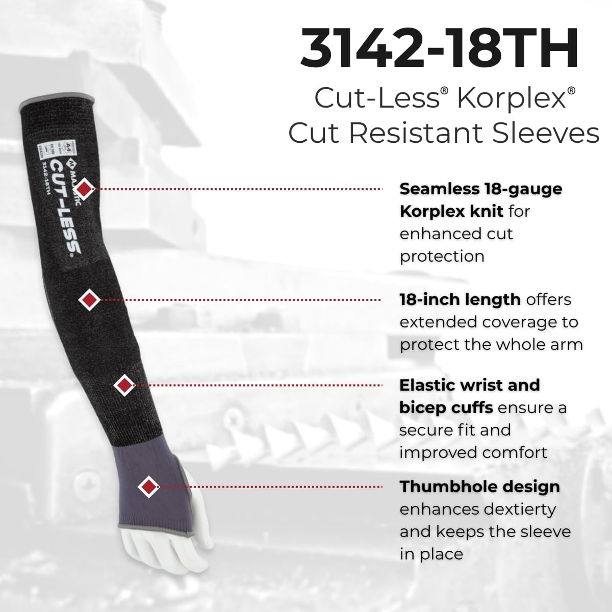 Majestic Glove Cut-Less Korplex Cut Resistant Sleeves w/Thumb Hole, Provide Arm and Wrist Protection