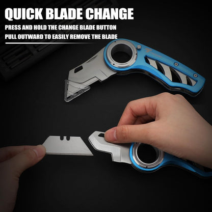 Tondiamo 4 Pcs Folding Pocket Utility Knife Heavy Duty Box Cutter Folding Razor Knife with Anti Slip Finger Loop Easy Change Blades 3 Lock Positions Design (Yellow,Red,Black,Green)