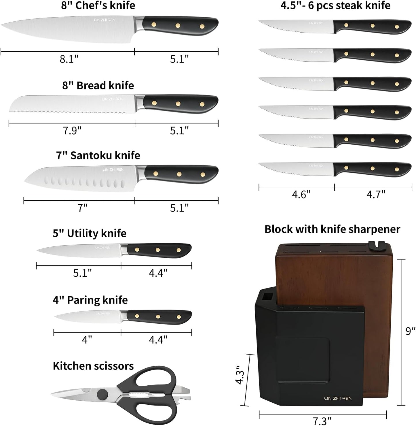 13 Piece Knife Set，Kitchen Knife Block Set，White stainless steel knife set with sharpener for Chopping, Slicing, Dicing & Cutting，Dishwasher safe