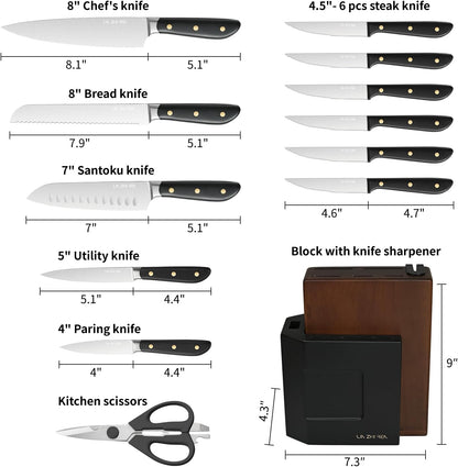13 Piece Knife Set，Kitchen Knife Block Set，White stainless steel knife set with sharpener for Chopping, Slicing, Dicing & Cutting，Dishwasher safe