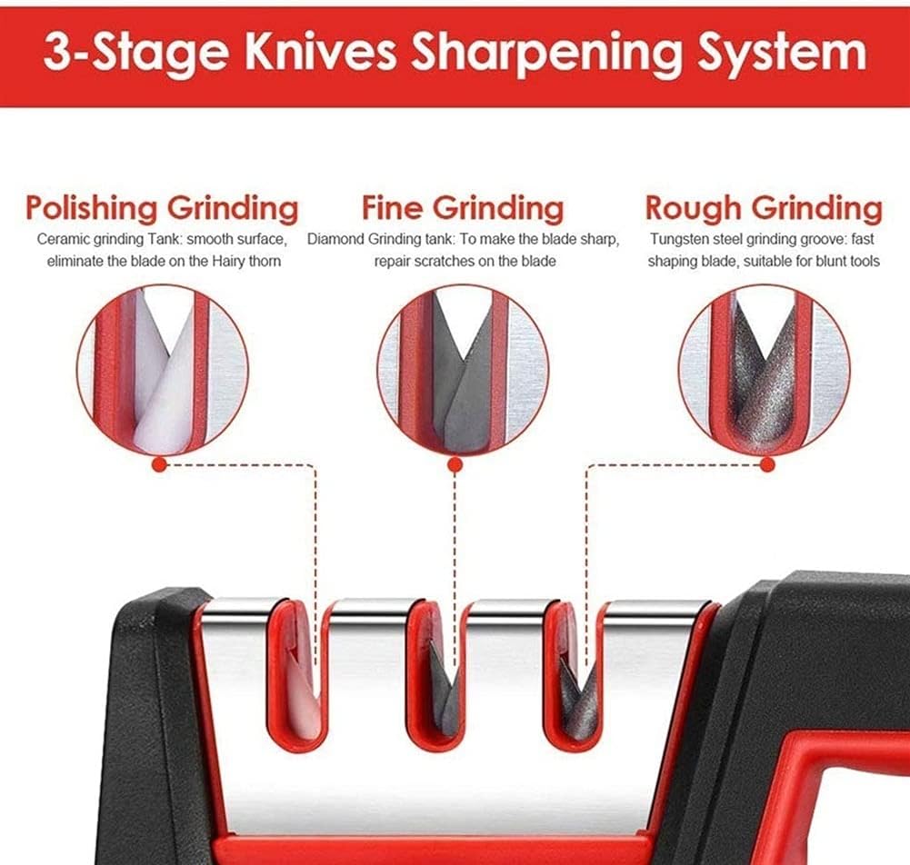 3-Stage Knife Sharpener - Pull-Through Manual Sharpening System with Ergonomic Handle Grip to Restore and Sharpen Straight Kitchen Knives