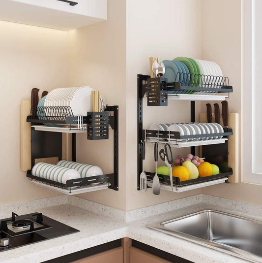 3 Tier Black Stainless Steel Dish Drying Rack Fruit Vegetable Storage Basket with Drainboard and Hanging Chopsticks Cage Knife Holder Wall Mounted Kitchen Supplies Shelf Utensils Organizer