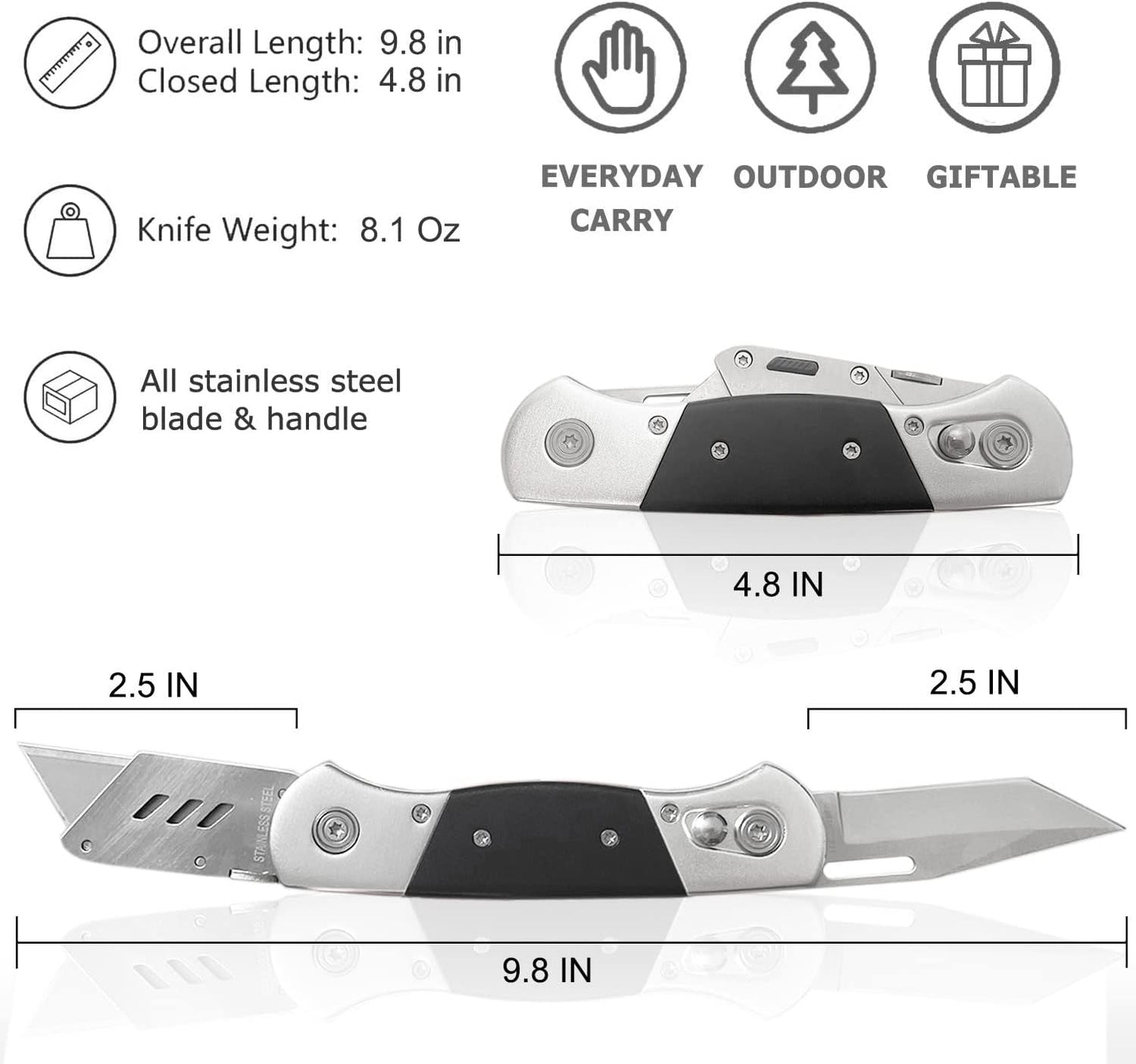 Folding Utility Knife with Sheath and 10 Razor Blades, Heavy Duty Box Cutter Knife with Dual Blades, Construction Knifes Electrician Knife for Carpet Cardboard Work, Pocket Knives Set Gift for Men