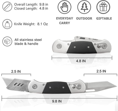 Folding Utility Knife with Sheath and 10 Razor Blades, Heavy Duty Box Cutter Knife with Dual Blades, Construction Knifes Electrician Knife for Carpet Cardboard Work, Pocket Knives Set Gift for Men