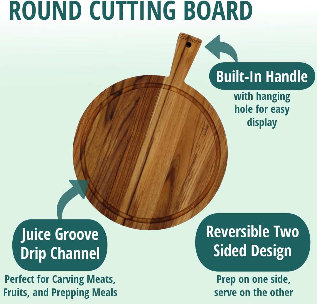 EcoDecors 18"x14" Extra Large Teak Cutting Board, Edge Grain Wood with Juice Groove & Handle, FSC Certified for Kitchen, Carving & Butcher Block Prep