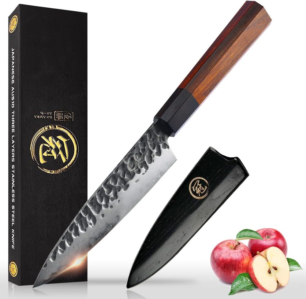 GRAND SHARP 5 inch Japanese Santoku Chef Knife, AUS10 3-layer High Carbon Stainless Steel Kitchen Cooking Knife, Professional Hand Forged Chef's Knives (Rosewood Handle & Gift Box& Sheath)