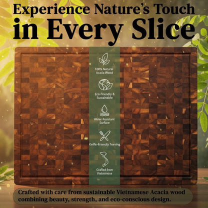 End Grain Acacia Wood Cutting Board 14" x 10" x 1.5", Thick Butcher Block with Deep Juice Groove & Handles. Knife Friendly Solid Hardwood Board for Meat, Chopping, Carving & BBQ by New M Way