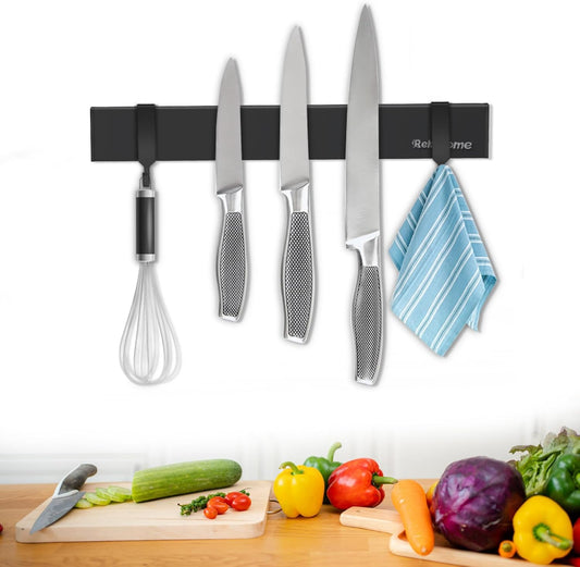 Magnetic Knife Holder for Wall 17 Inch, No Drilling black knife magnetic strip with 3 Hooks, Strong Magnet Knife Holder strip, Magnetic Knife Rack Bar for Kitchen Knives and Tools