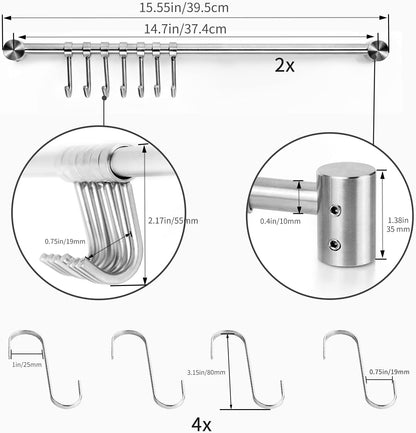 Audmore Kitchen Utensil Rack 2 Pack, 15.6 Inch Pots and Pans Hanging Rack Wall Mounted, 304 Stainless Steel Lid Cooking Utensil Hanger, 7 Sliding Hooks for Spatula Spoon, Measuring Cups, Coffee Mug
