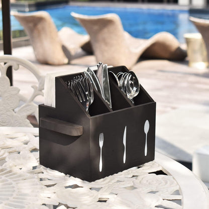 Ikee Design Wooden Utensil Caddy with Handles, Silverware Caddy, Silverware Holder for Countertop,Party,Camping and Kitchen, Organizer, Picnic Cutlery Holders, Black Color