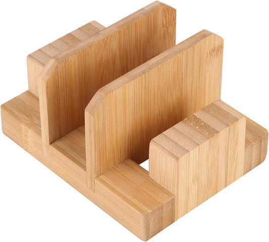 Donxote Bamboo Cutting Board Organizer Rack - Pot Lid, Baking Pan, Bakeware & Knife Holder, Cabinet and Countertop Storage Stand for Kitchen, Dish, Plate, and Cookbook