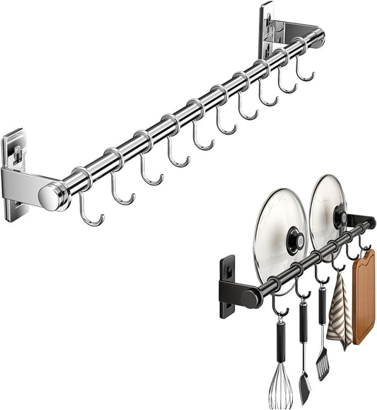 Hanging Wall Mount knife Wall Mount, Kitchen Organizer Storage Shelf for Utensils Spatula Spoon, Space-Saving Knife Rack with Hooks,Wall-Mounted Utensil Holder (Silver, 40CM+Three Poles+6Hooks)