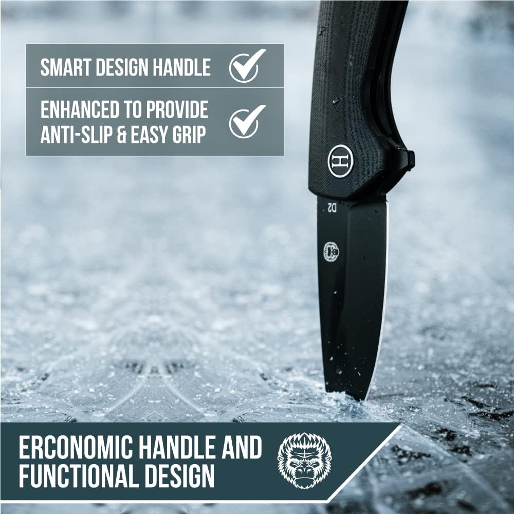 Holtzman's Gorilla Survival Peasant Folding Knife with G10 Tactical Handle, D2 Steel Blade, Gift Box Set (Black+Blue) - Great for Everyday Carry