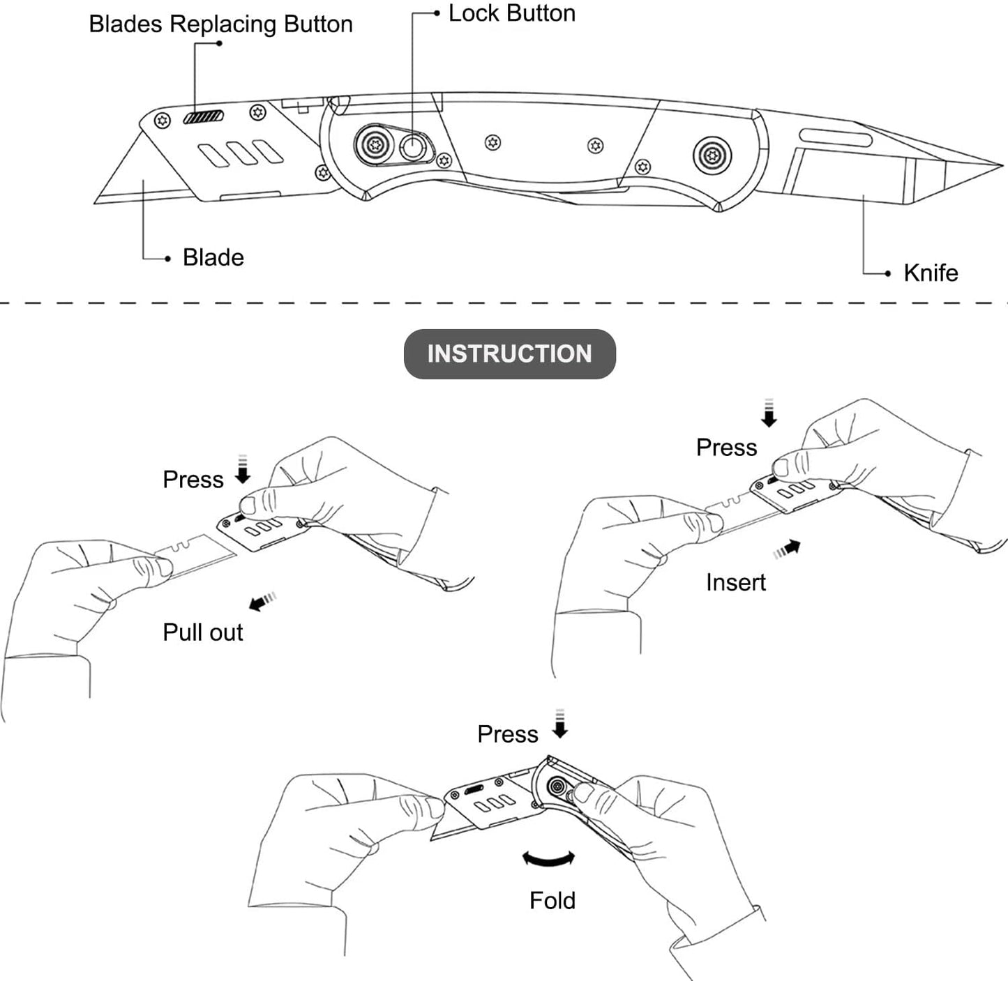 Folding Utility Knife with Sheath and 10 Razor Blades, Heavy Duty Box Cutter Knife with Dual Blades, Construction Knifes Electrician Knife for Carpet Cardboard Work, Pocket Knives Set Gift for Men