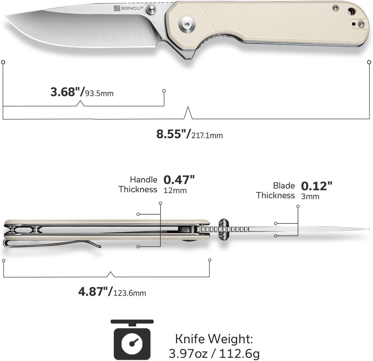 SENCUT Aetheris Pocket Knife, EDC Folding Knife with 3.68'' 9Cr18MoV Blade & Canvas Micarta Handle, Reversible Clip for Camping Hiking S24095-3(Black)