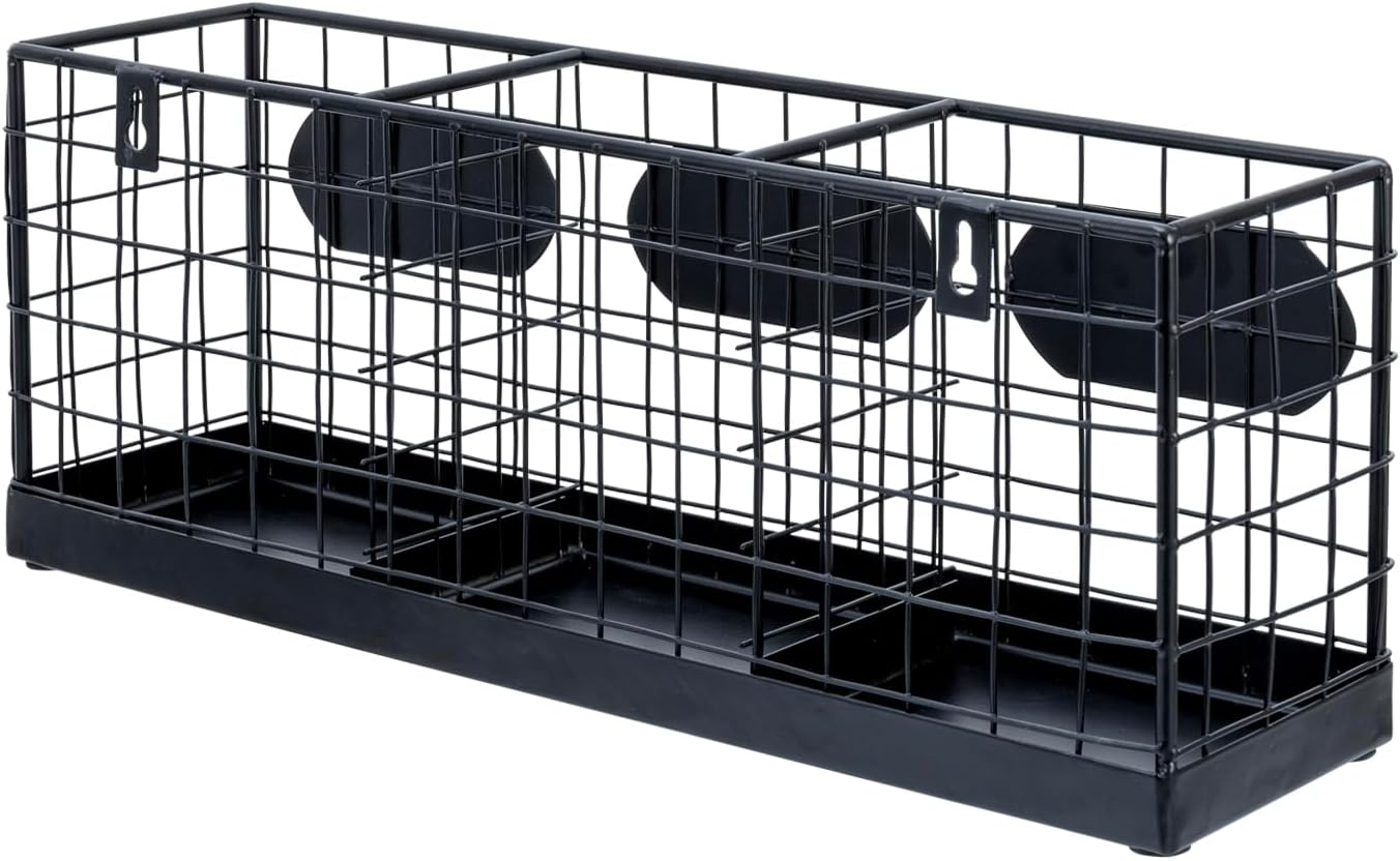 MyGift Wall Mountable Black Metal Utensil Holder Organizer, 15.7" Countertop Kitchen Silverware Flatware Caddy Holder Storage Basket with 3 Compartments and Chalkboard Labels