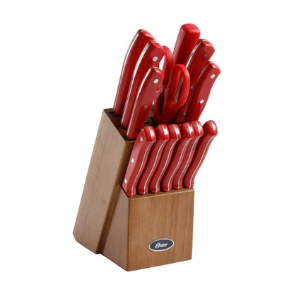 Oster Evansville 14 Piece Cutlery Kitchen Knife Block Set, Stainless Steel w/Linen White Handles - Cuchillos Para Cocina