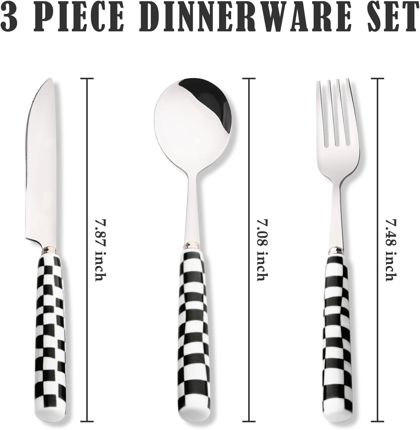 Koythin 3-Piece Cutlery Set, Stainless Steel Flatware Sets with Yellow Checkerboard Pattern Ceramic Handle, Utensils including Knife Fork Spoon (Yellow)