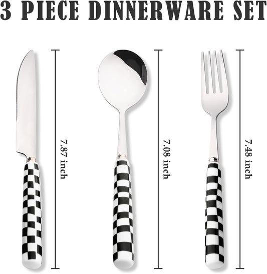 Koythin 3-Piece Cutlery Set, Stainless Steel Flatware Sets with Yellow Checkerboard Pattern Ceramic Handle, Utensils including Knife Fork Spoon (Yellow)