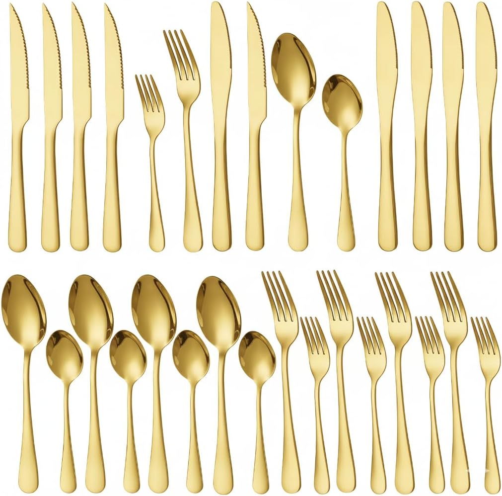 GPY Black Silverware Set, 24-Piece Stainless Steel Flatware Set Service for 4, Titanium Plated Black Eating Utensils, Modern Mirror Finish Cutlery for Kitchen & Home