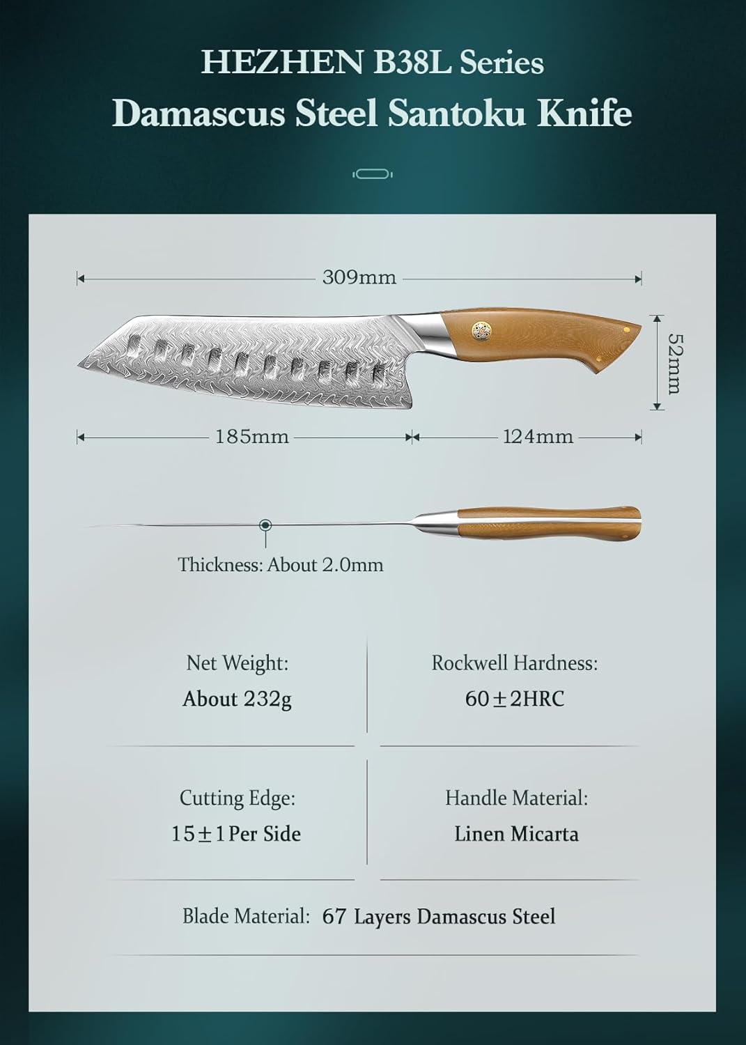 HEZHEN Damascus Chef Knife, 8.5 Inches, 67 Layers Damascus Steel, Professional Japanese Kitchen Knife for Chefs and Home Cooking, Ultra-sharp Blade with Linen Micarta Handle, Gift Packing