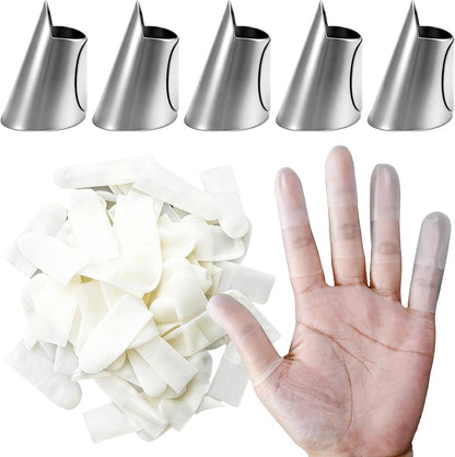 5 Pcs Stainless Steel Finger Guards & 50 Pcs Disposable Finger Cots | Adjustable Thumb Guards for Peeling, Metal Finger Protectors for Kitchen Cutting, Cooking & Nail Art