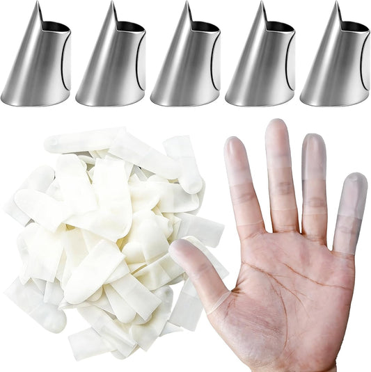 5 Pcs Stainless Steel Finger Guards & 50 Pcs Disposable Finger Cots | Adjustable Thumb Guards for Peeling, Metal Finger Protectors for Kitchen Cutting, Cooking & Nail Art