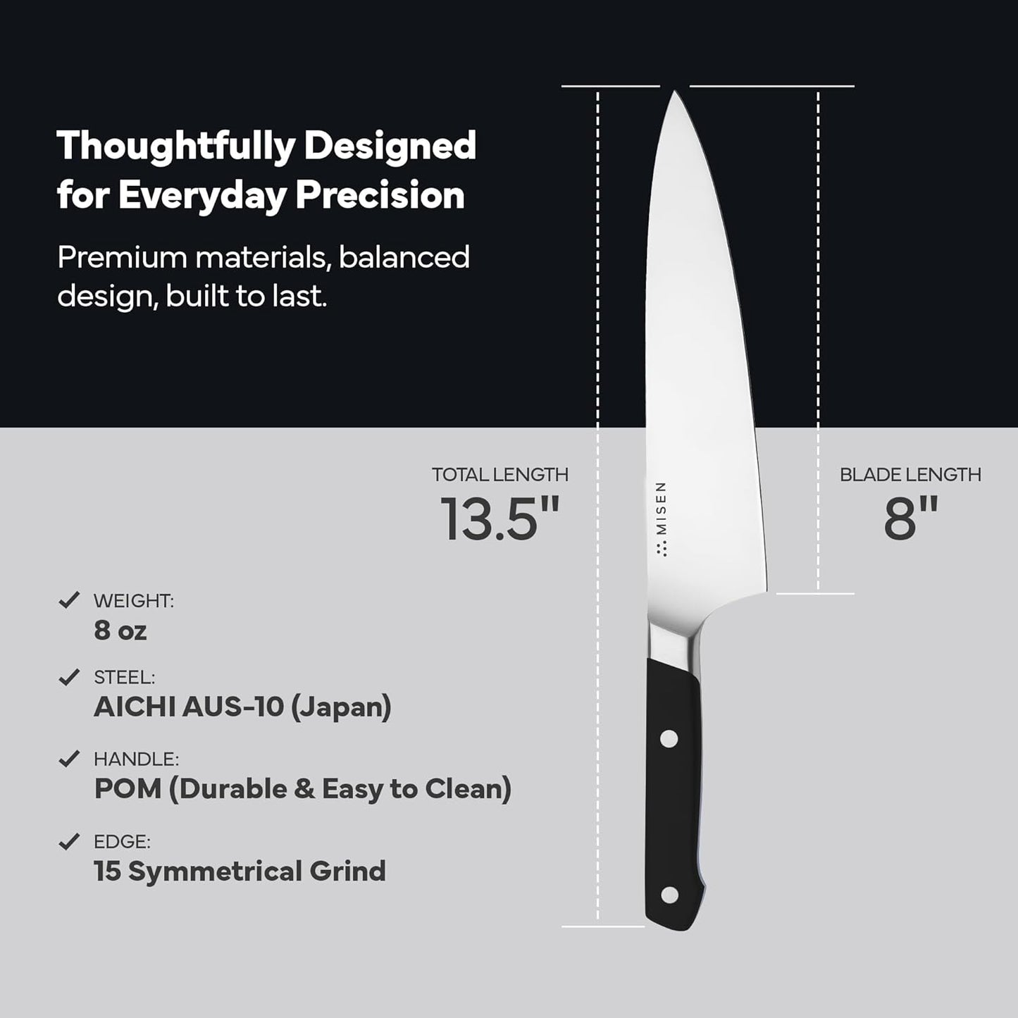 Misen 8" Chef Knife – High Carbon Japanese AUS-10 Stainless Steel – Hybrid German & Japanese Blade – Precision Kitchen Knife for Professionals & Home Cooks – Ultimate Cutting Performance - Green