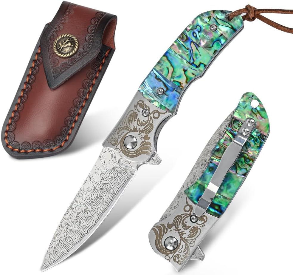 Damascus Pocket Knife with Sheath,3.54" Sharp Damascus Steel Blade Abalone Seashells Handle EDC Pocket Knives & Folding Knives for Outdoor Camping, Ideal Gifts for Men Women