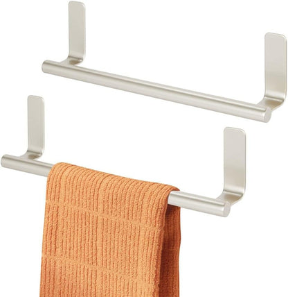mDesign Steel Wall-Mounted Towel Rack Storage Holder - Self-Adhesive Space Saving Towel Bar for Bathroom, Kitchen - Holds Hand Towels - Stick on Doors or Cabinet - Omni Collection - 2 Pack - Satin