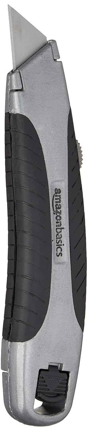 Amazon Basics Soft Grip Retractable Utility Knife with 3 Carbon Steel Blades, Quick Change Blade System, Black/Silver