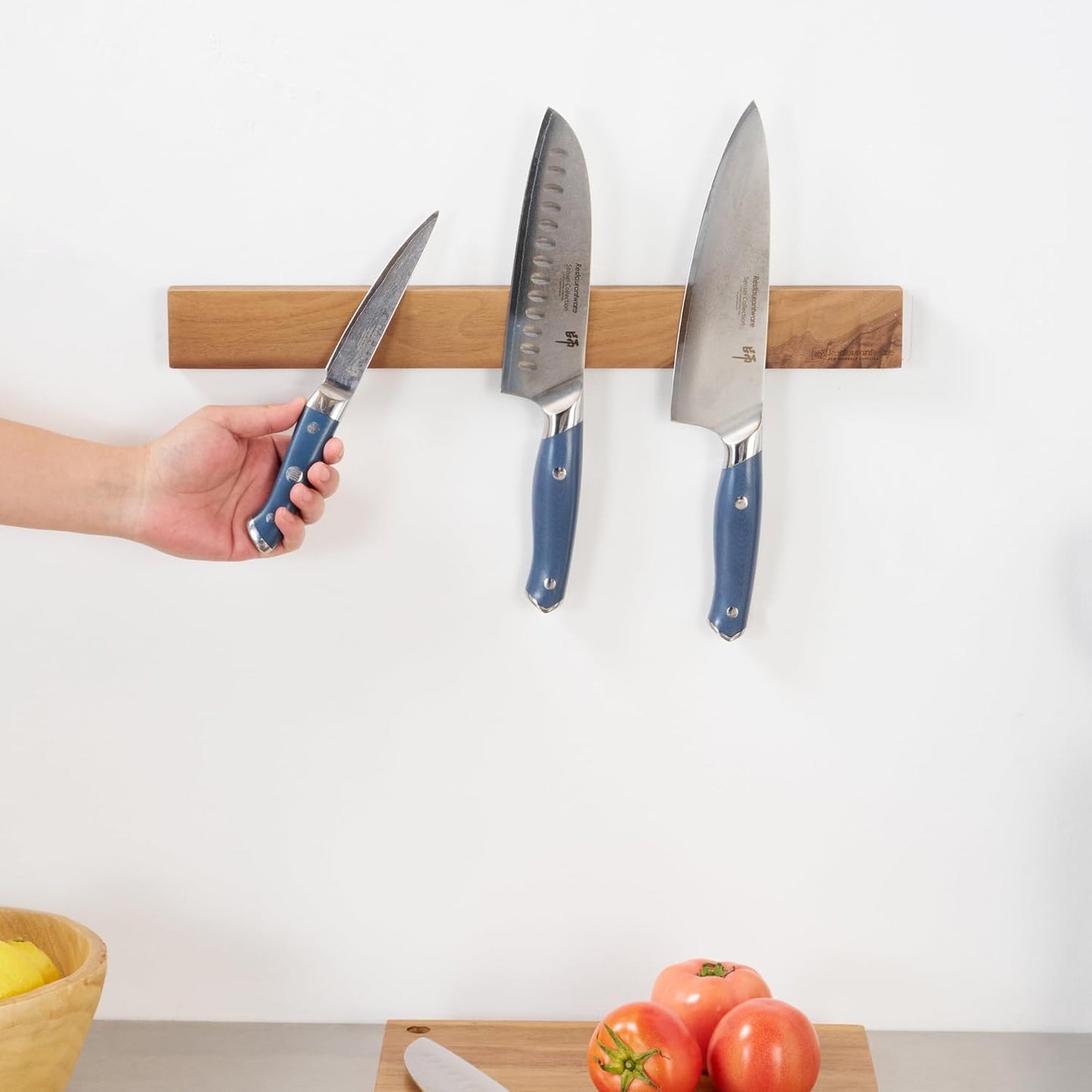 Restaurantware Eco Tek 17.7 Inch Magnetic Knife Holder For Wall 1 Powerful Knife Magnetic Strip - Space-Saving Organizer Securely Hang Kitchen Utensils or Tools Natural Wood Knife Hanger