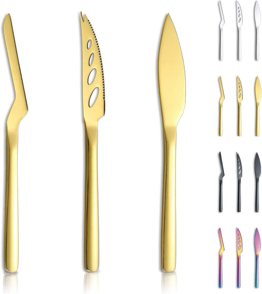 Kyraton Black Cheese Knife Set of 3, Ergonomic Design Titanium Black Plated Cheese Slicer, Butter Knife Spreader, Cheese Cutter, Cheese Knives for All Type of Cheese