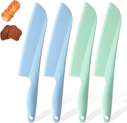 4 Pack Lettuce Knife 11/8.5" Plastic Cake Knifes to Prevent Browning Serrated Kitchen Cutter for Cutting Fruits, Cakes and Bread Dishwashable Safe for Kids Nylon Cutters for Nonstick Pans (Blue, S&L)