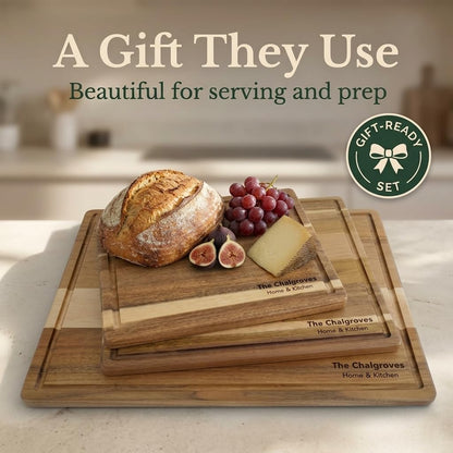 Indonesian Acacia Wood Cutting Board Set of 3 | Extra Thick 0.8″ Wooden Chopping Boards with Deep Juice Grooves | FSC Certified | Warp-Resistant & Knife-Friendly | Large, Medium & Small