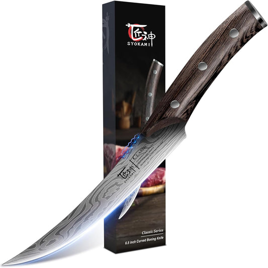 SYOKAMI Boning Knife for Meat Cutting, 6.7 Inch Fillet Knife with Wood Handle, High Carbon Razor Sharp Flexible Blade for Deboning, Trimming, Damascus Pattern Full Tang Design, House Warming Gifts