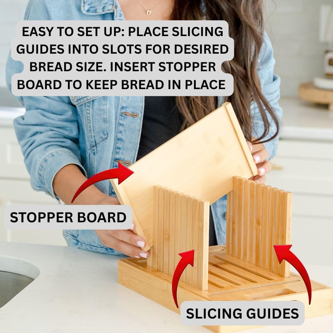 Bread Slicer for Sourdough & Homemade Bread - Fits Round, Loaf & Baguette Bread. Bamboo Bread Cutting Guide W/Crumb Tray - Foldable - Knife Not Included. Recommended: Serrated Knife Blade 10-12 Inches