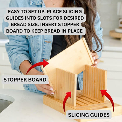 Bread Slicer for Sourdough & Homemade Bread - Fits Round, Loaf & Baguette Bread. Bamboo Bread Cutting Guide W/Crumb Tray - Foldable - Knife Not Included. Recommended: Serrated Knife Blade 10-12 Inches