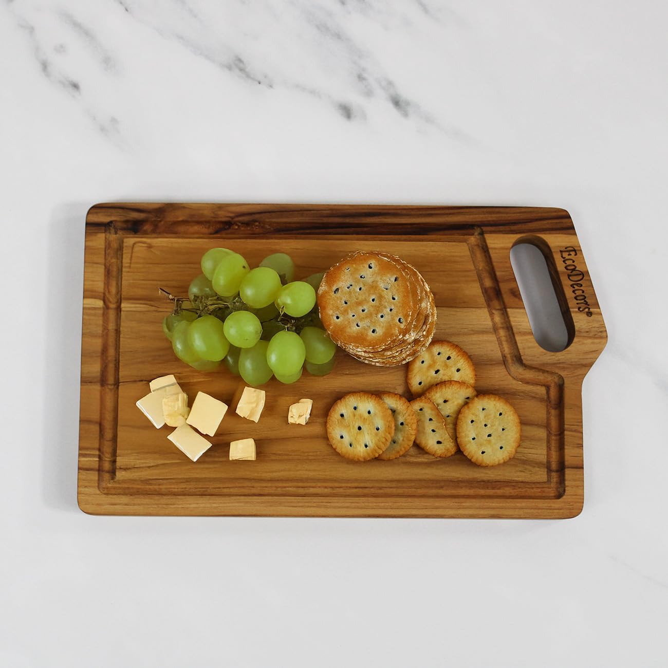 EcoDecors 18"x14" Extra Large Teak Cutting Board, Edge Grain Wood with Juice Groove & Handle, FSC Certified for Kitchen, Carving & Butcher Block Prep