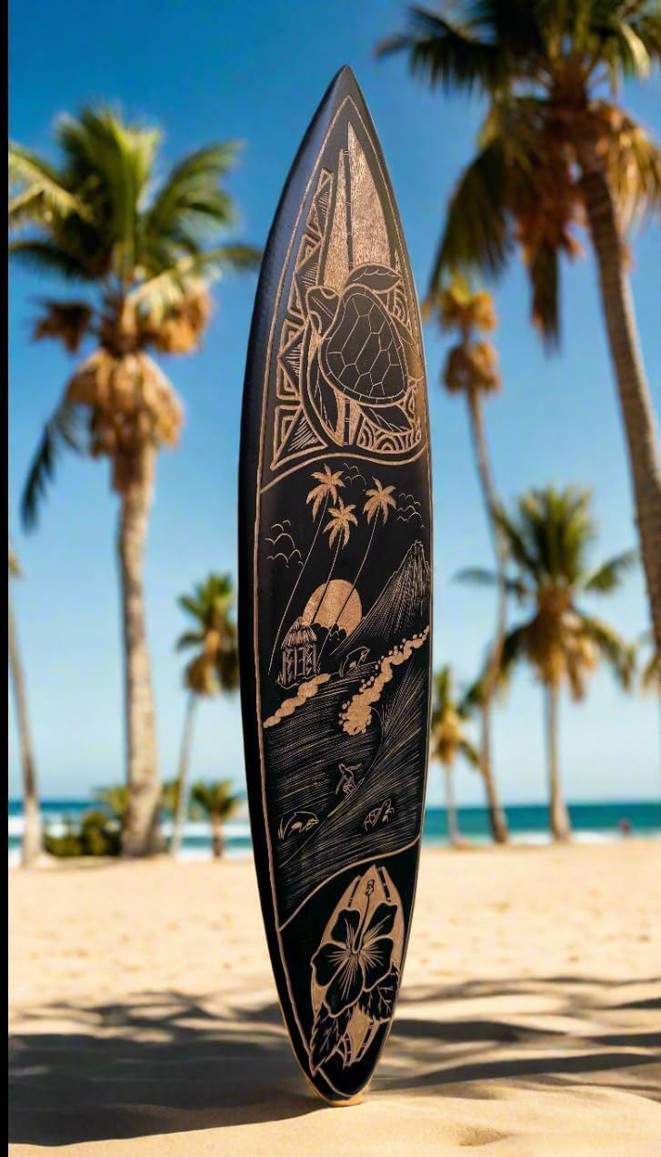 The Tiki Stop Hand Carved Wooden Surfboard Wall Plaque, Tropical Island Scene with Sea Turtle and Hibiscus, 39 x 10 inches