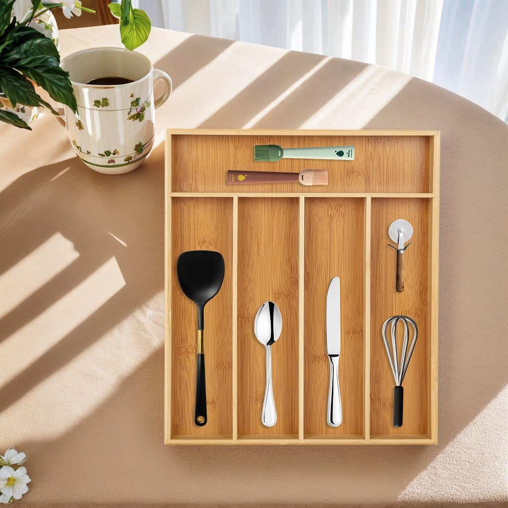 Bamboo Drawer Organizer Expandable Cutlery Tray Adjustable Utensils Holde