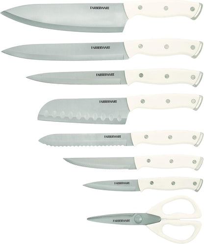 Farberware Edgekeeper Triple Riveted Knife Block Set with Built in Sharpener, 14-Piece, White