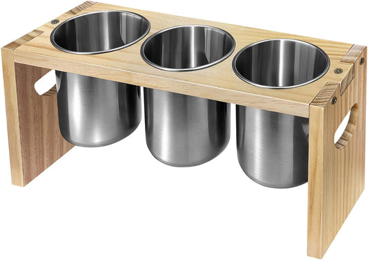 3 Pack Silverware Holder, Stainless Steel Kitchen Utensil Organizer with Wood Base - Countertop Flatware Caddy for Knives, Spoons, Forks - Great for Cabinet, Pantry, Table Organization (Wood grain)