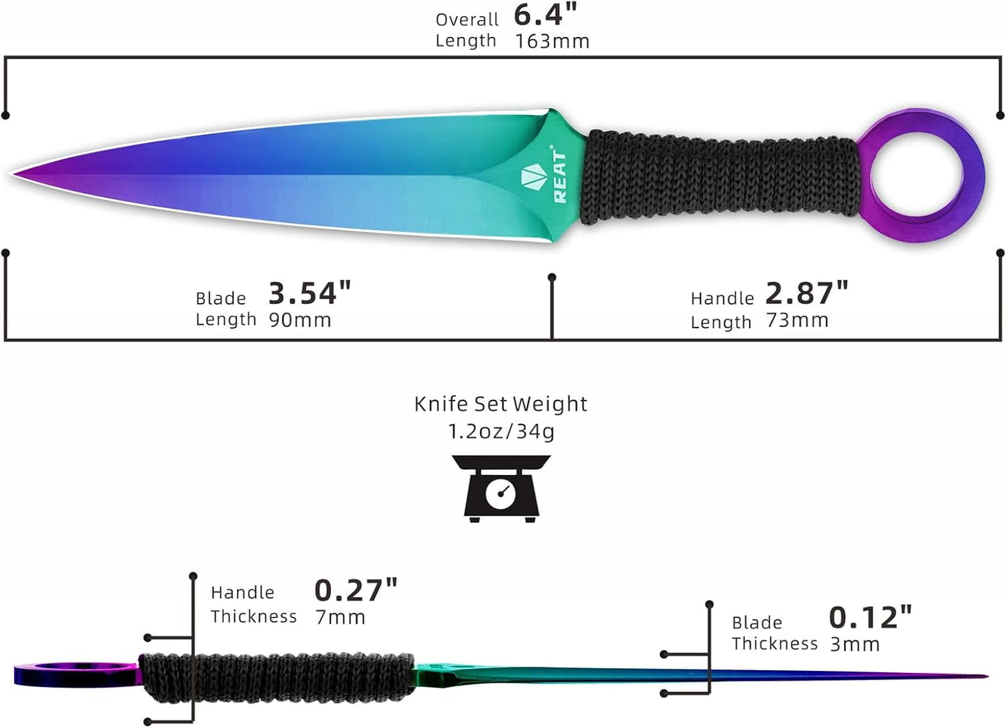 REAT Throwing Knives - 3 Piece, 6.5" 440 Stainless Steel with Cord-Wrapped Handle, Includes Nylon Carrying Case for Safe Storage,Ninja Kunai Knives for Competition,Recreation,Gifts for Men,Women