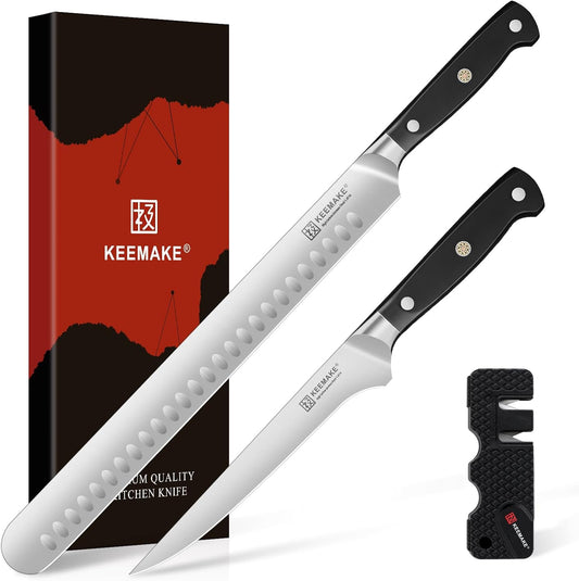 KEEMAKE Carving Knife Set with Sharpener, German High Carbon Steel, Ergonomic Full Tang Handle, Slicing & Boning Kitchen Knives for Meat Turkey BBQ and Brisket