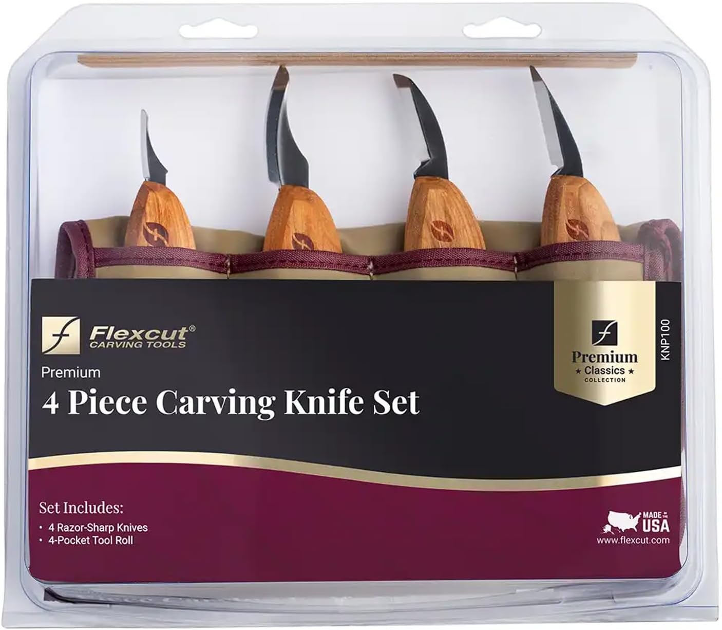 Flexcut Premium Series Wood Carving Tool Set, 4-Piece Kit with Cutting, Detail, Pelican, and Mini-Pelican Knives Plus Tool Roll, Ergonomic Cherry Wood Handles, USA Made
