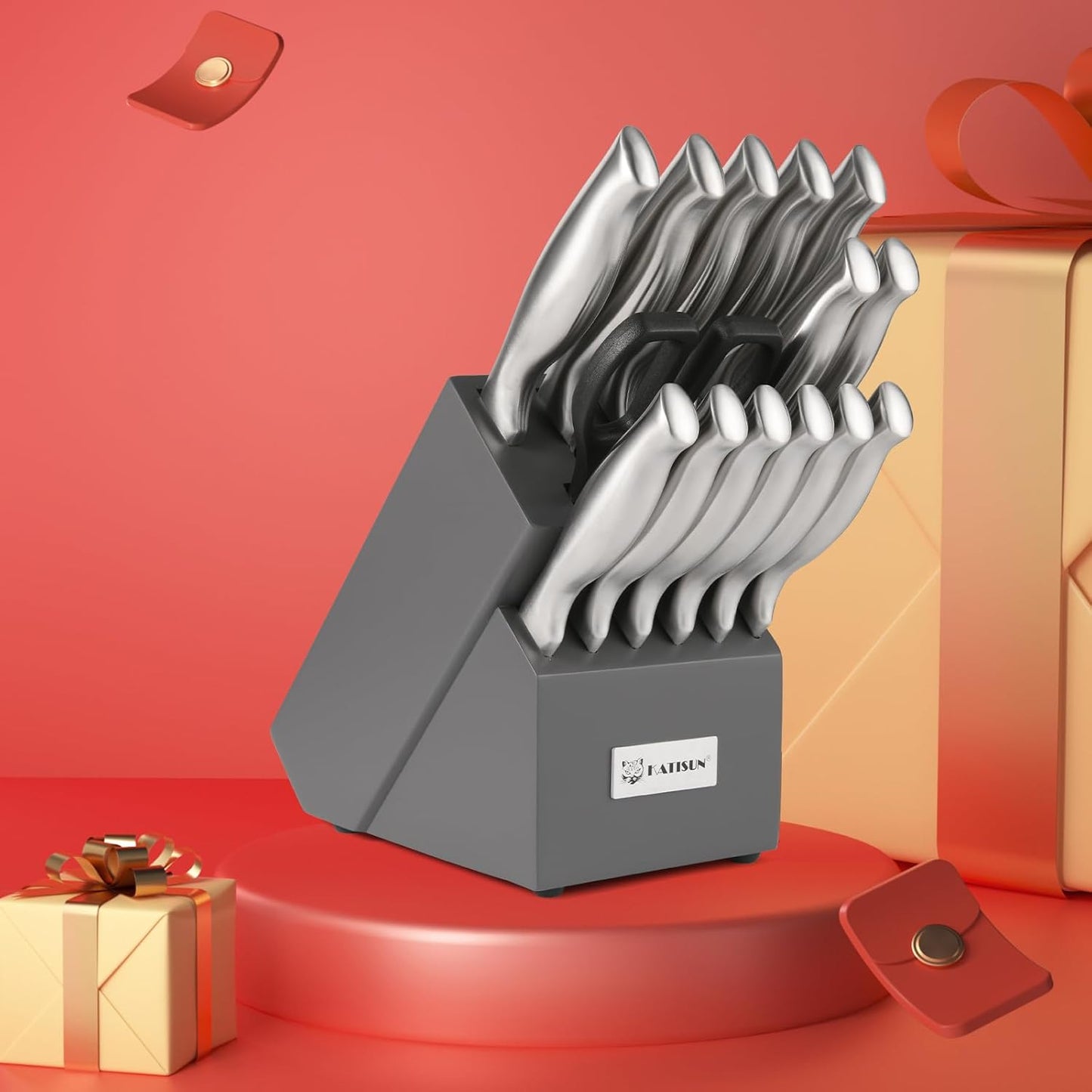 Knife Set, 15-Piece Kitchen Knife Block Sets with Built-in Sharpener, German Stainless Steel Knife Block Set, Dishwasher Safe