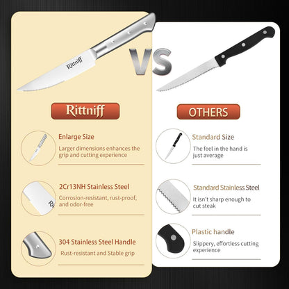 Steak Knives Set of 4, 5-Inch Serrated Stainless Steel Steak Knife Set with Wide Stainless Handle, Gift-Ready Box for Steak Night, BBQ, Housewarming & Wedding