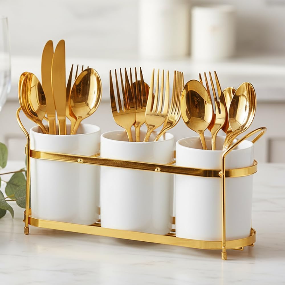 3-Piece White Ceramic Silverware Cutlery Holder with Black Metal Rack, Utensil Holder Flatware Caddy Cutlery Storage Organizer for Kitchen and Countertop (White)